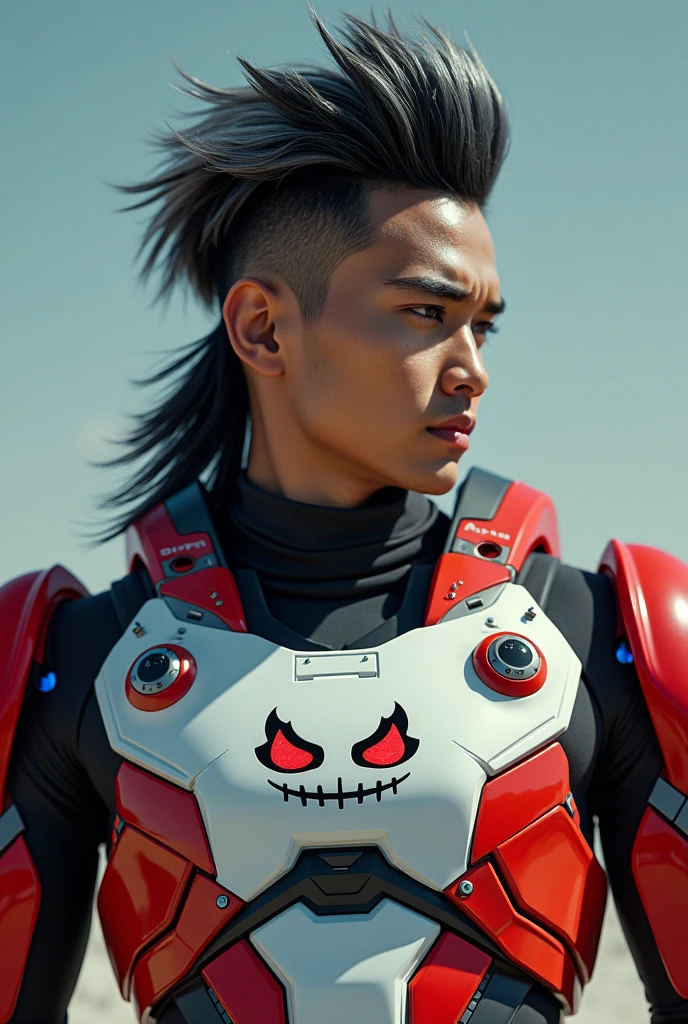 a young Malaysia man, tan skin .19 year old boy wearing a red and white exoskeleton armor, a robot face on his chest , malaysian mullet wolfcut hairstyle. Red ear mount . black hair mix little white hair. , detailed face and eyes, highly detailed, 8k, photorealistic, cinematic lighting, concept art, sci-fi. Led light blue.led light robot face on body Punisher. Marvel. Alien robot face on body. Mechamato. Robot face on chest. Talking robot on chest. Angry red Robot emoji on body.