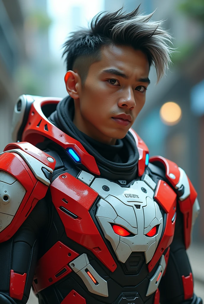a young Malaysia man, tan skin .19 year old boy wearing a red and white exoskeleton armor, a robot face on his chest , malaysian mullet wolfcut hairstyle. Red ear mount . black hair mix little white hair. , detailed face and eyes, highly detailed, 8k, photorealistic, cinematic lighting, concept art, sci-fi. Led light blue.led light robot face on body Punisher. Marvel. Alien robot face on body. Mechamato. Robot face on chest. Talking robot on chest. Angry red Robot emoji on body.