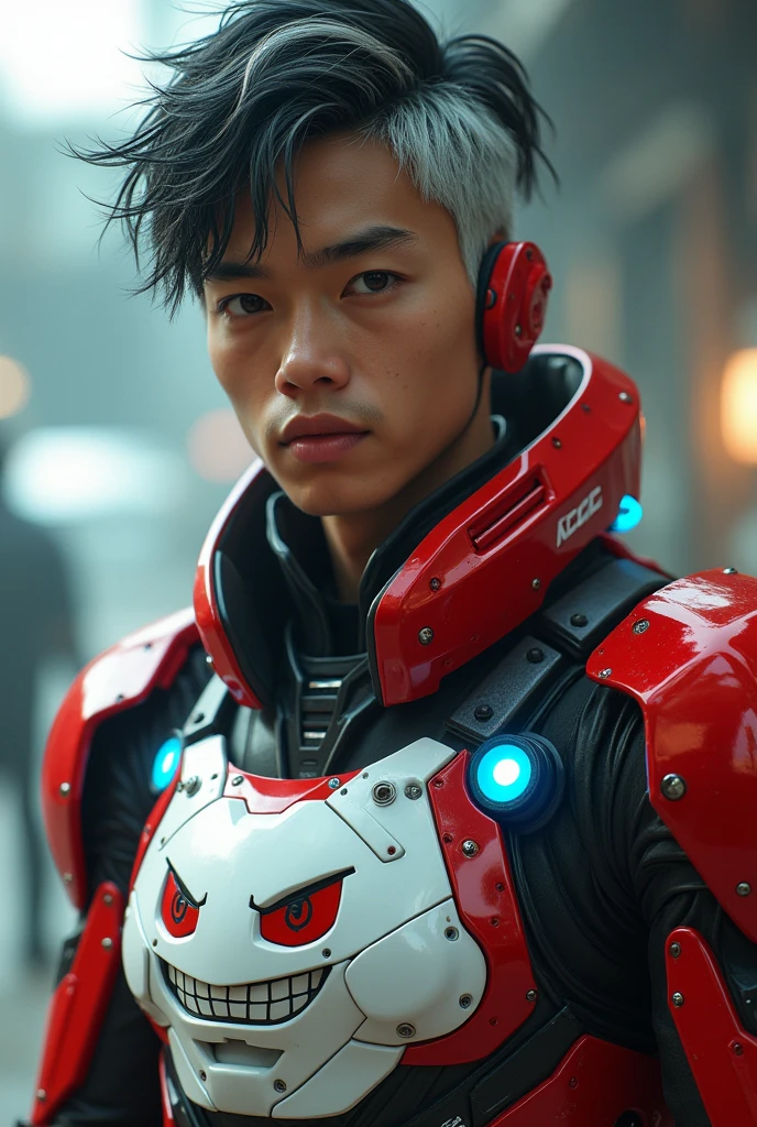 a young Malaysia man, tan skin .19 year old boy wearing a red and white exoskeleton armor, a robot face on his chest , malaysian mullet wolfcut hairstyle. Red ear mount . black hair mix little white hair. , detailed face and eyes, highly detailed, 8k, photorealistic, cinematic lighting, concept art, sci-fi. Led light blue.led light robot face on body Punisher. Marvel. Alien robot face on body. Mechamato. Robot face on chest. Talking robot on chest. Angry red Robot emoji on body.