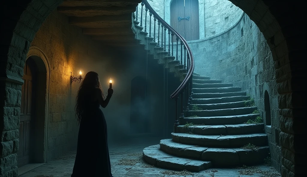 A spiral stone staircase in the castle, covered in cobwebs and lit faintly by Elara’s lantern. She looks up cautiously, hearing faint, ghostly footsteps echoing from above.