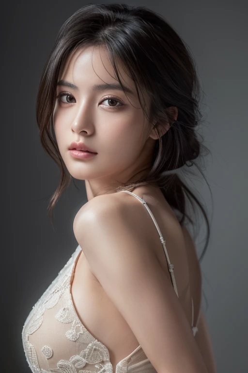 (Highest quality:1.4),(masterpiece:1.4),(Realistic:1.4),(Realistic:1.2),(超High resolution, RAW Photos:1.4),(High resolution, Very detailed:1.2),(8k:1.2),photograph,a photo of a dark-haired,one person&#39;s,alone,(((Celadon lace bra:1.3))),((Big Breasts)),(((Large areola:1.4))),((Upper Body:1.3))