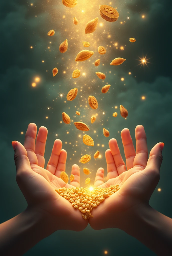 Hands extended with open palms, dropping, seeds, nuggets, nuggets de oro, Granos de seeds de abundancia, coins and stars.