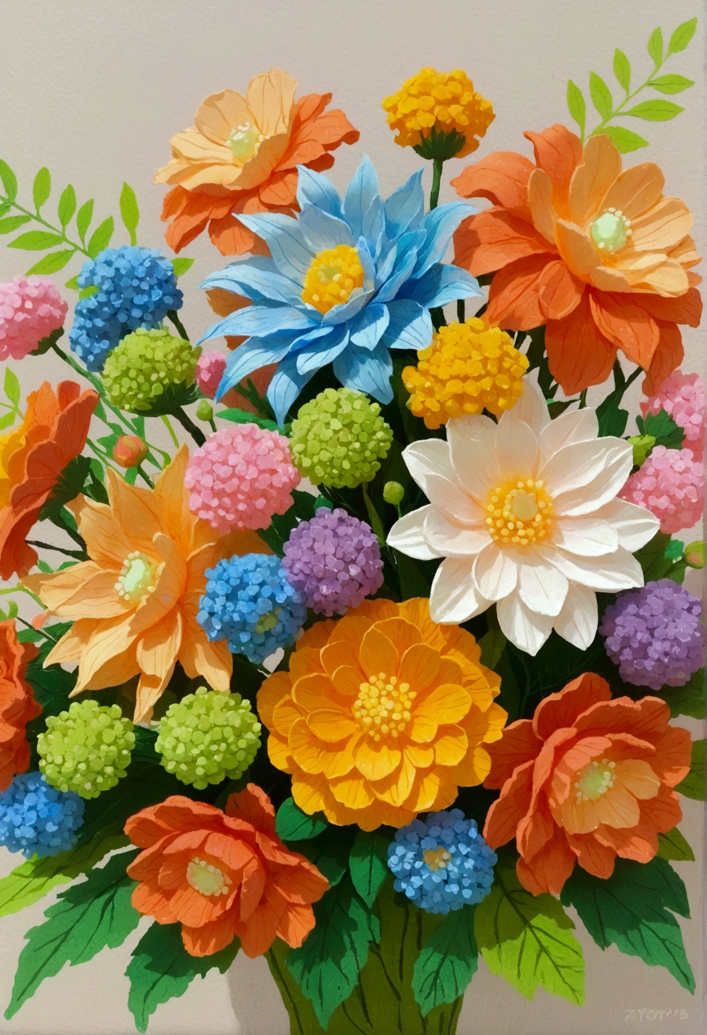 Close-up of a bouquet of flowers, The art style of Dragon King, Shin Jin Hye Art, Inspired by Yoshio Markino, Aoyama Tokio, Hiroyuki, Popular Japanese 3D Ultra Detailed, Goto Indian Summer, Ultra-fine details