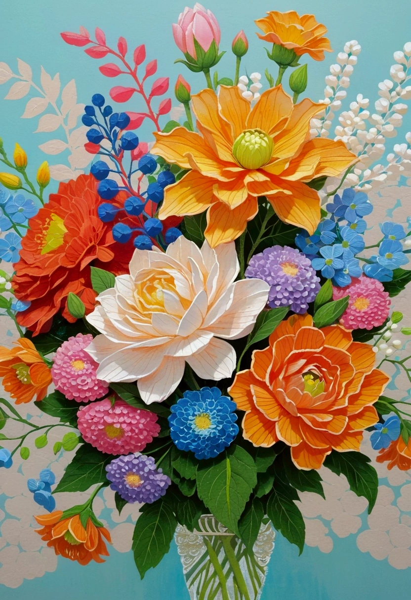 Close-up of a bouquet of flowers, The art style of Dragon King, Shin Jin Hye Art, Inspired by Yoshio Markino, Aoyama Tokio, Hiroyuki, Popular Japanese 3D Ultra Detailed, Goto Indian Summer, Ultra-fine details