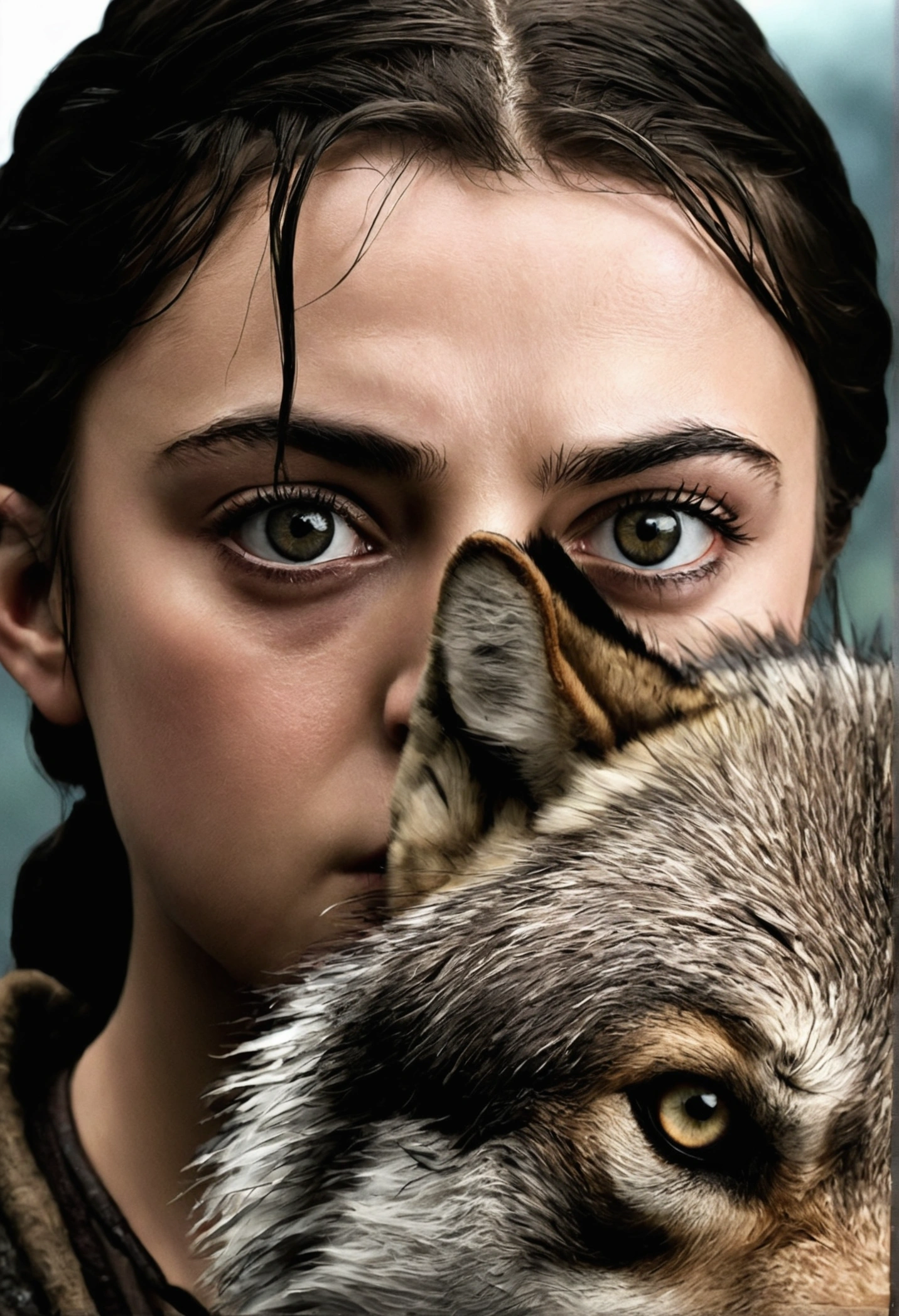 Arya stark hyper realistic close up and nymeria is ober her face but at the same time is like a superposition one of the wolf eye at the same level of arya's. The fave of the wolf is like over her face, not entirely covering , the wolf is looking like 3 quarters profile looking in a different direction from hers. The face of the wolf is side by sude to hers
