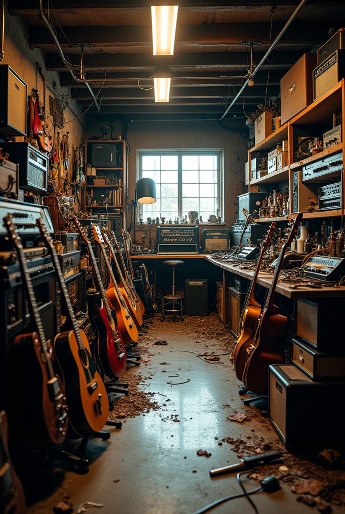 Room full of guitar amps, mic stands, drums, guitar and basses. Random inatrument placement. Landscape picture. In the store room