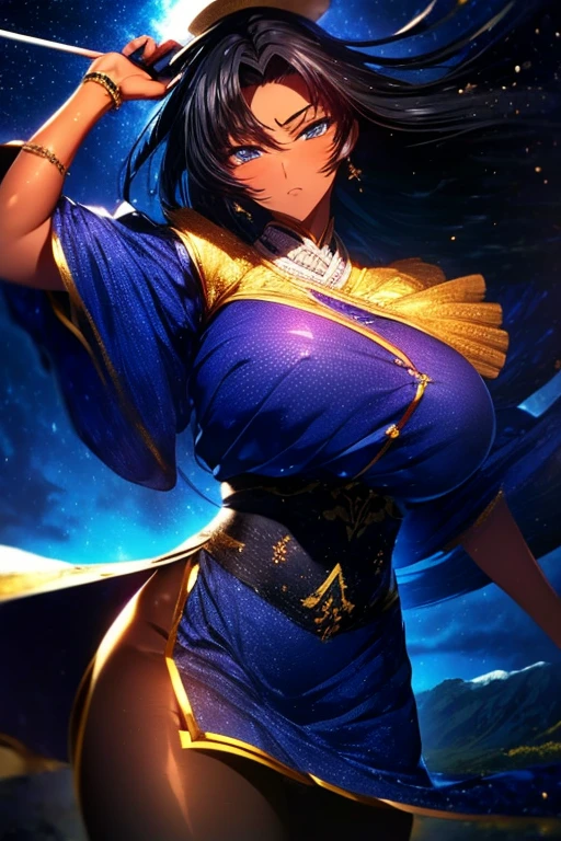 ((masterpiece)), ((Highest quality)), ((Very detailed)), One woman, Black Hair, One womanが夜空を見上げる, Brilliant night sky, Mountain top, Shot from the feet of a woman, A guardian angel next to a woman, Beautiful eyes, 