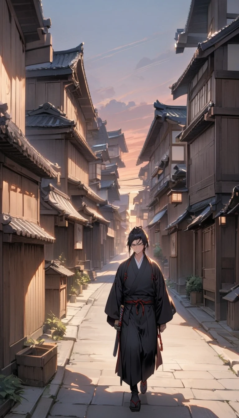 A historical Japanese town at sunset, with traditional wooden buildings lining the street. A lone samurai with a stern expression walks down the street, his katana at his side, wearing a dark kimono."