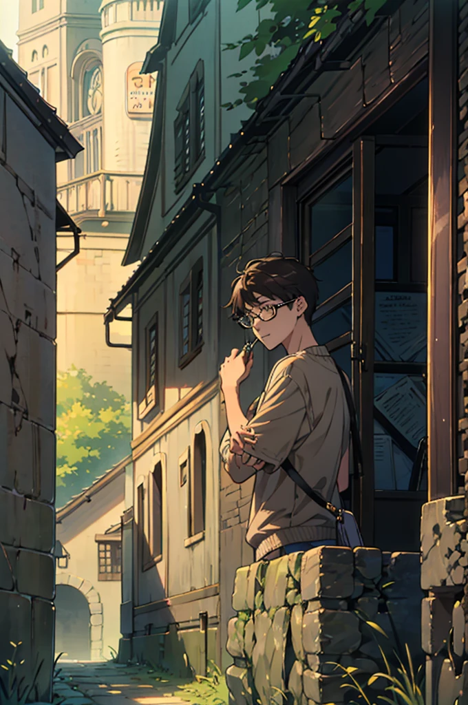 The image shows a 20-year-old man standing on an outdoor path, surrounded by nature. The composition is balanced with the character centered in the frame. In the background, se aprecian trees de cerezos en flor, with petals falling gently, which suggests that it is spring. On the left, se pueden ver algunos Shrubs bien cuidados y un automóvil estacionado, indicating that the location is probably a park or quiet street in an urban or suburban area.
The sky is blue and clear, which adds a cheerful and serene atmosphere to the scene. The young man wears a yellow shirt under a purple sweater, which creates a nice color contrast, He wears square black plastic glasses, Her hair is dark brown. His expression is calm and friendly., and holds a brown suitcase in his left hand, which might suggest that he is headed somewhere, maybe to work or school, On his shoulder he is accompanied by a green turtle with yellow skin and a kawaii face..
The use of pastel colors and soft lighting reinforces the peaceful and pleasant atmosphere of the image.. The vertical framing and the arrangement of natural elements (trees, Shrubs) on either side of the character help guide the gaze towards the center, where the character is located, making it the focal point of the composition.