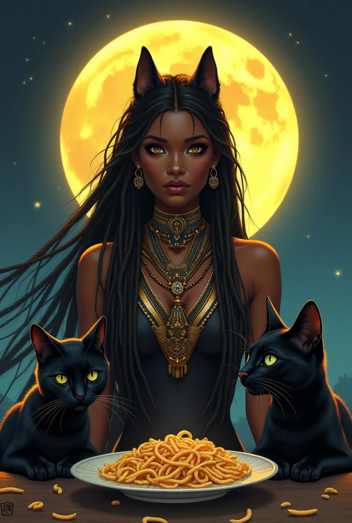 A full body black woman, egyptian, with dreadlocks in her hair, with cat ears, with two black cats beside, one of the cats eating pasta and in the background of the image a yellow full moon.