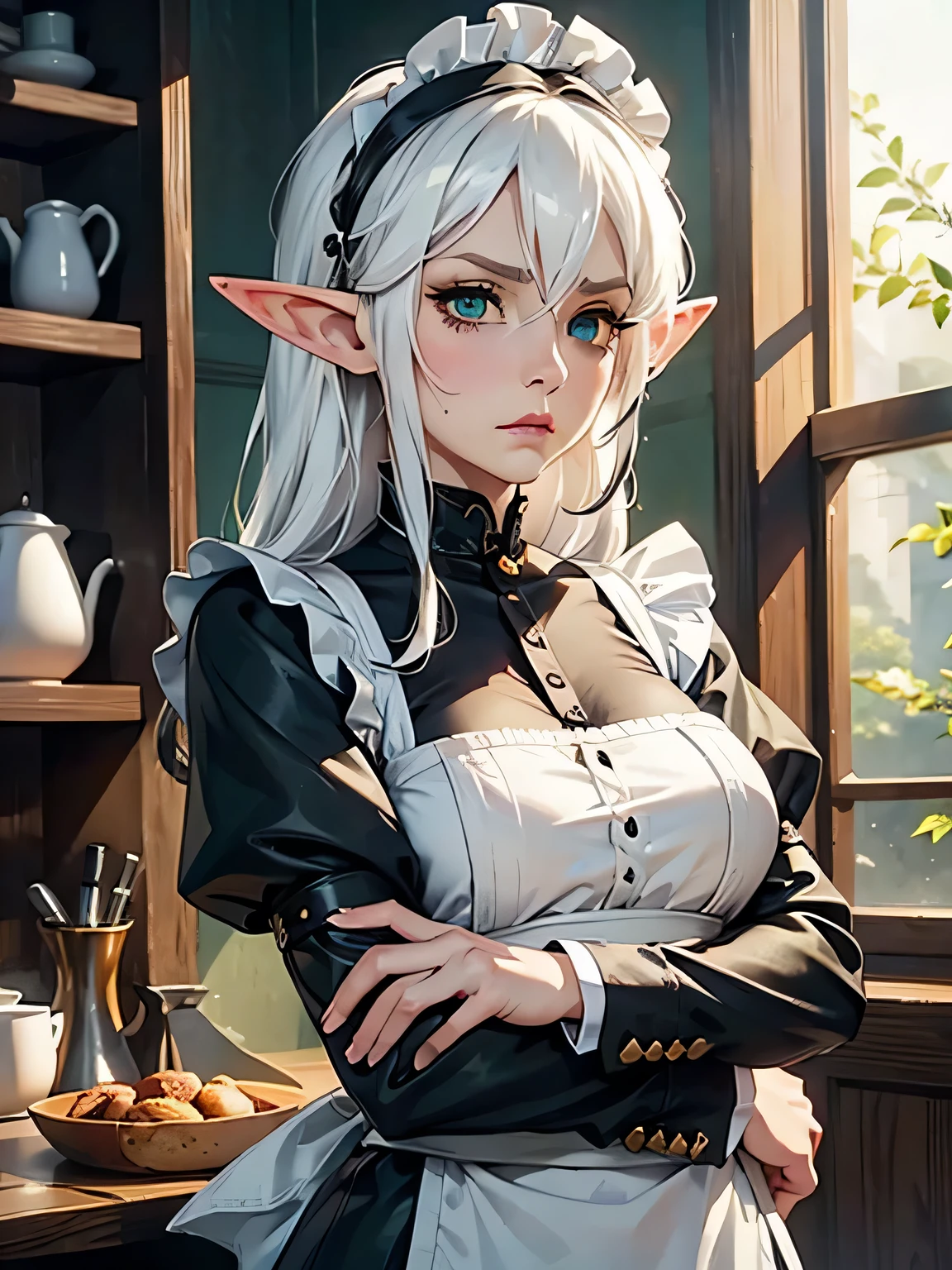female, elf, maid, old, white hair, stern face, winkles, covered up, green eyes