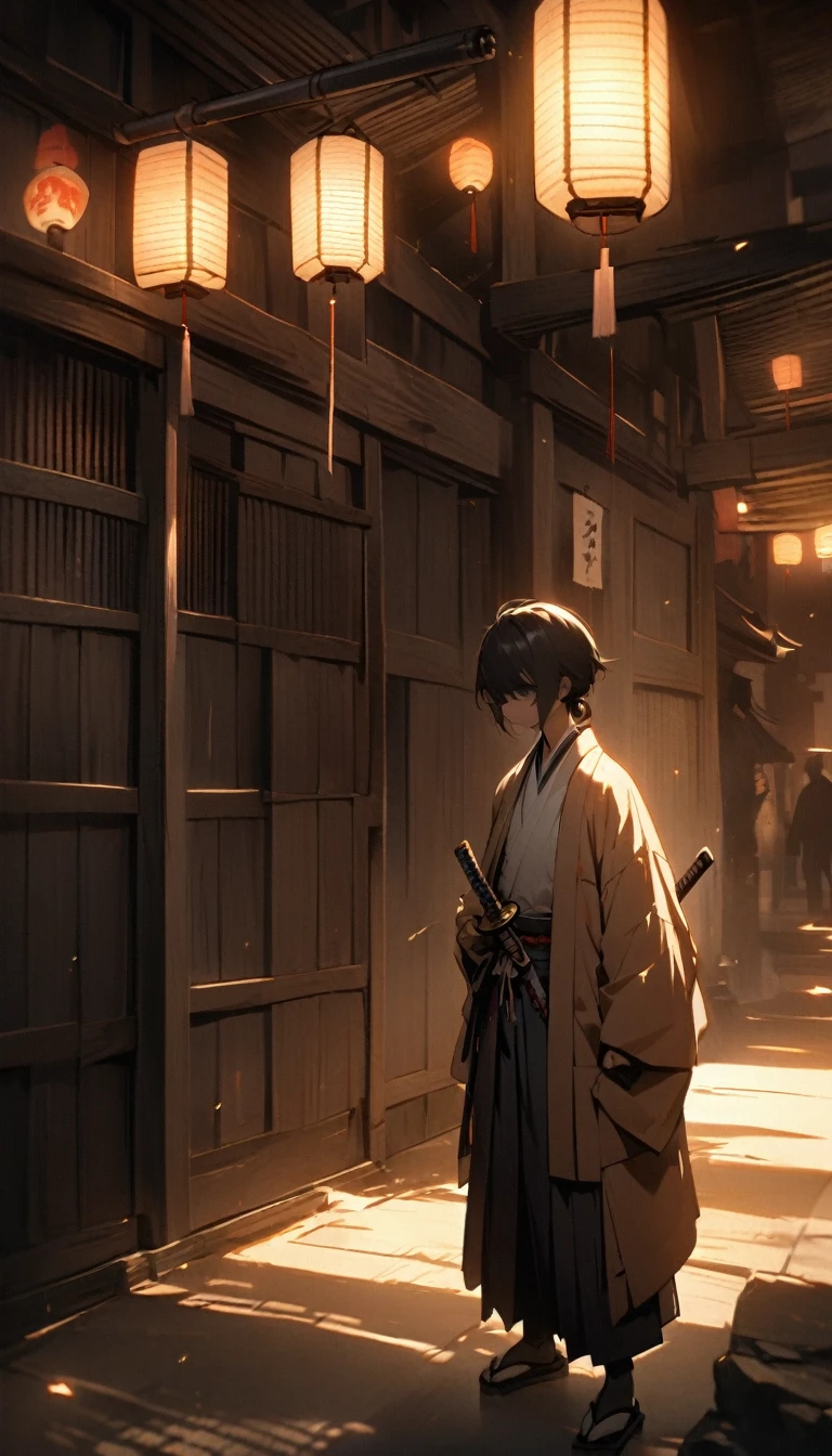 A samurai in a dimly lit alley, his face partially obscured by shadows, holding a katana. The background shows traditional Japanese architecture with lanterns casting a warm glow."