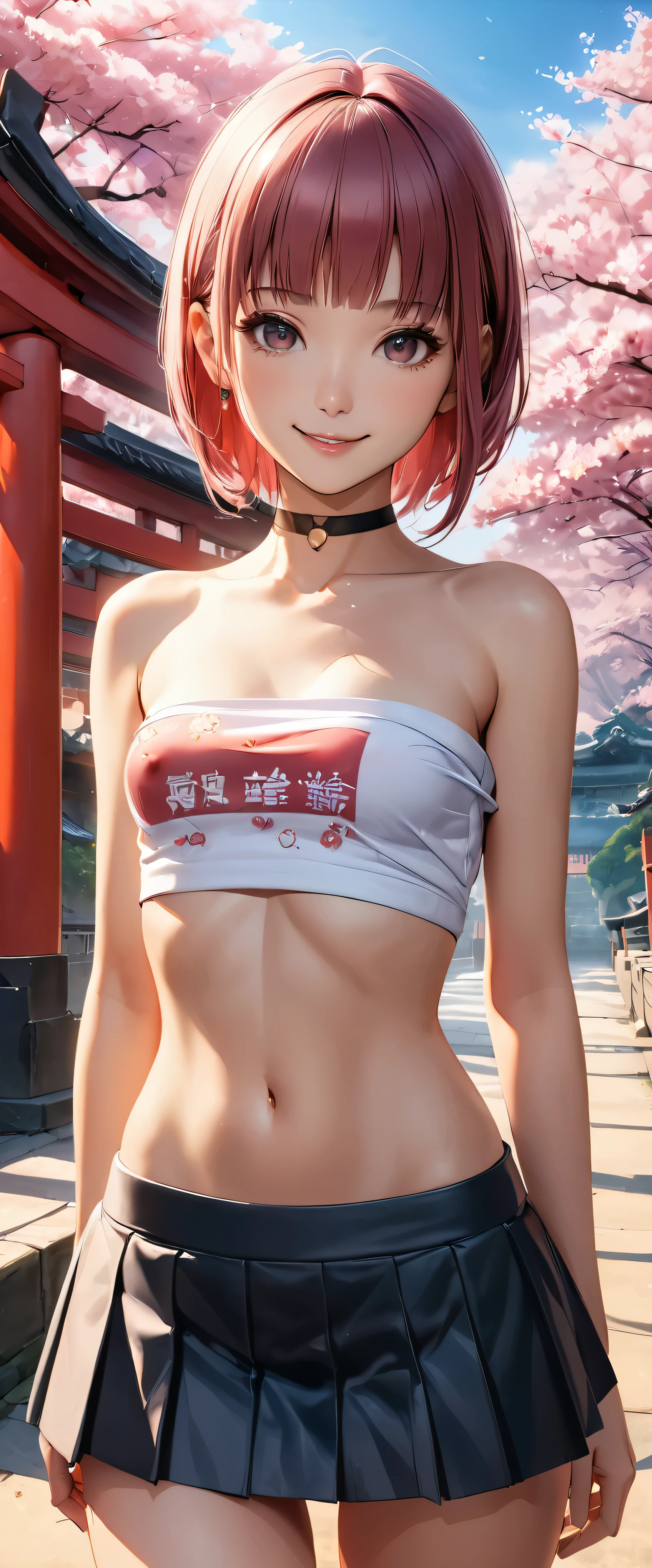 Highest quality, Ultra-high resolution, (Realistic:1.4), One person, nude, Small breasts,Covered nipples, Black choker, smile, Exposing shoulders, Focus Only, View your viewers,Fair skin,sunset,cherry blossoms,Photon Mapping, Physically Based Rendering, RAW Photos, Highly detailed background,K-Pop Idols,Depth of written boundary,torii,cherry blossoms,hair ornaments,Detailed face,Glowing Skin,Game CG,whole body, mini skirt,Tube top