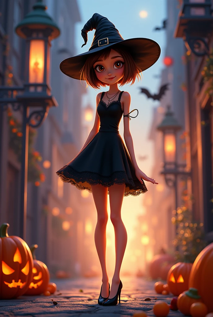 Disney Pixar style cover of a tall woman, slim, white tea, short, very short light brown hair, big brown eyes dressed as a witch on Halloween with a beautiful black dress and high heels