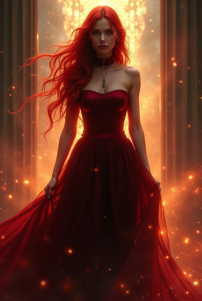 a beautiful woman with long wavy scarlet red hair, piercing eyes, wearing a dark red long dress with a high collar, standing in a mystical environment with glowing energy, dramatic lighting, cinematic composition, intricate details, digital art, concept art, cinematic lighting