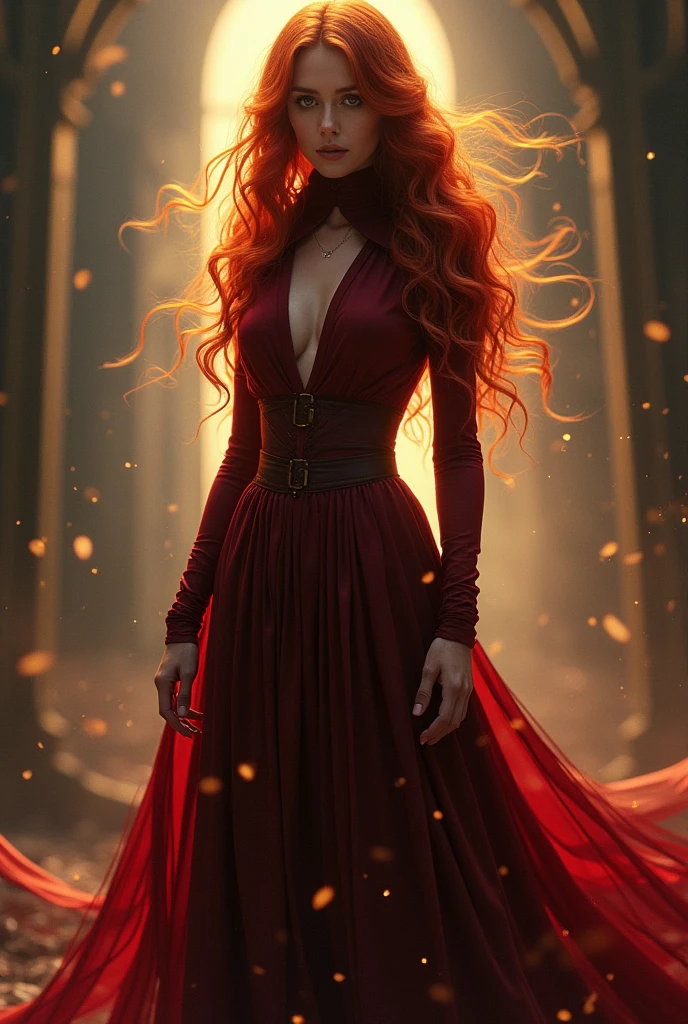 a beautiful woman with long wavy scarlet red hair, piercing eyes, wearing a dark red long dress with a high collar, standing in a mystical environment with glowing energy, dramatic lighting, cinematic composition, intricate details, digital art, concept art, cinematic lighting