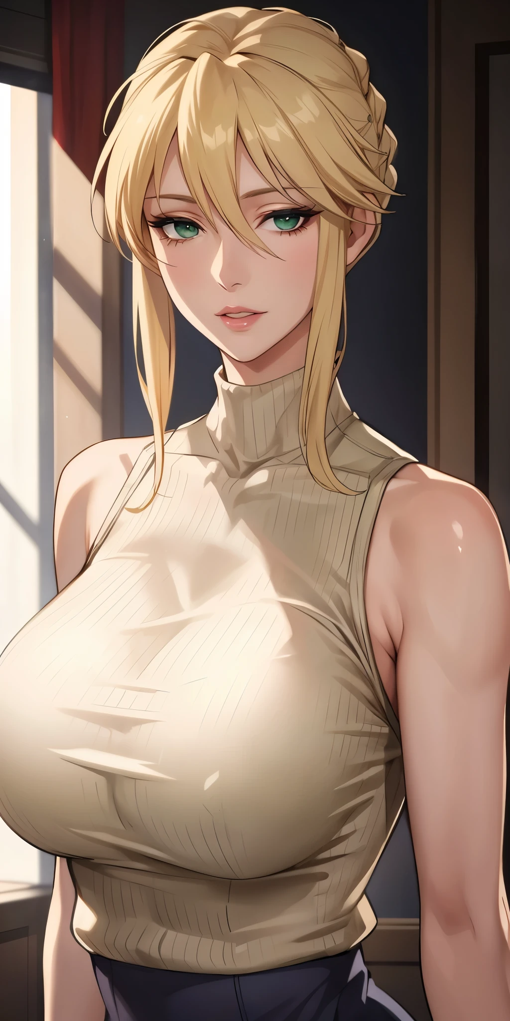 Elegant mature female, artoria pendragon, blonde, green eyes, sleeveless sweater, soft light, high quality, 4k resolution, beautiful cg