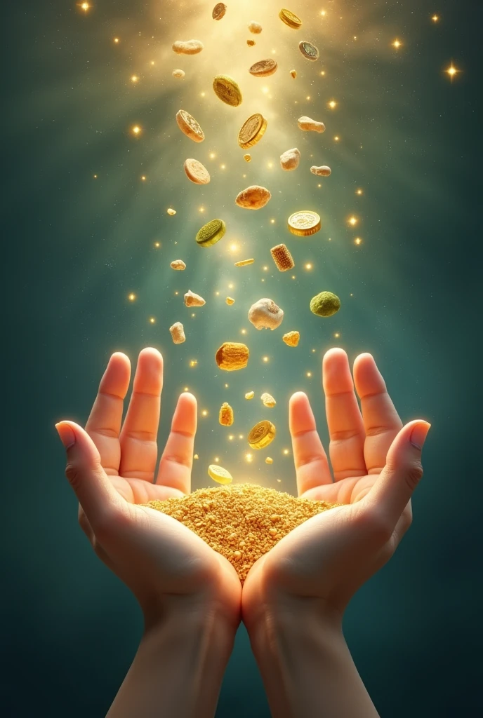 Hands extended with open palms, dropping, seeds, nuggets, nuggets de oro, Granos de seeds de abundancia, coins and stars.