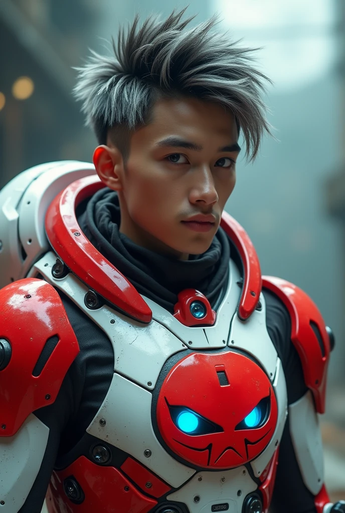 a young Malaysia man, tan skin .19 year old boy wearing a red and white exoskeleton armor, a robot face on his chest , malaysian mullet wolfcut hairstyle. Red ear mount . black hair mix little white hair. , detailed face and eyes, highly detailed, 8k, photorealistic, cinematic lighting, concept art, sci-fi. Led light blue.led light robot face on body Punisher. Marvel. Alien robot face on body. Mechamato. Robot face on chest. Talking robot on chest. Angry red Robot emoji on body.