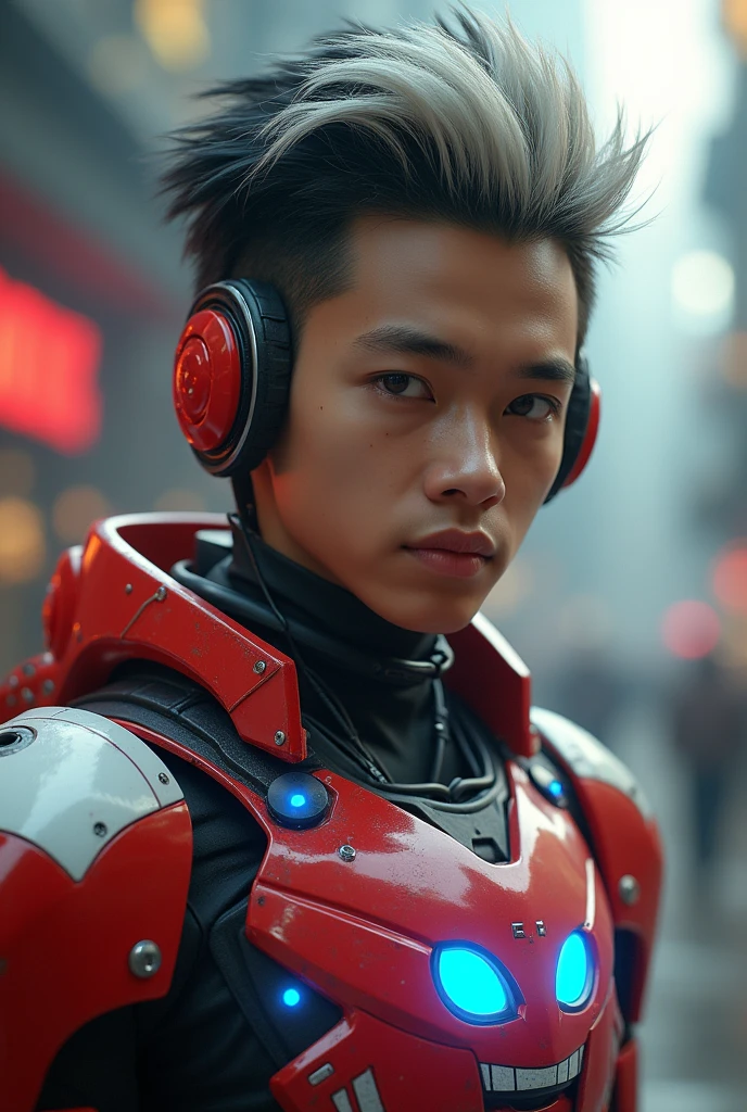 a young Malaysia man, tan skin .19 year old boy wearing a red and white exoskeleton armor, a robot face on his chest , malaysian mullet wolfcut hairstyle. Red ear mount . black hair mix little white hair. , detailed face and eyes, highly detailed, 8k, photorealistic, cinematic lighting, concept art, sci-fi. Led light blue.led light robot face on body Punisher. Marvel. Alien robot face on body. Mechamato. Robot face on chest. Talking robot on chest. Angry red Robot emoji on body.