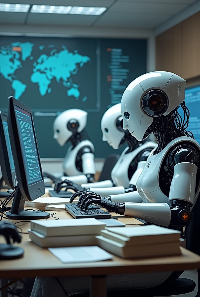 Salama Freelancers
An image with machines or robots carrying out data analytics, on pyhthon programming, SPSS, SQL, journals in a class