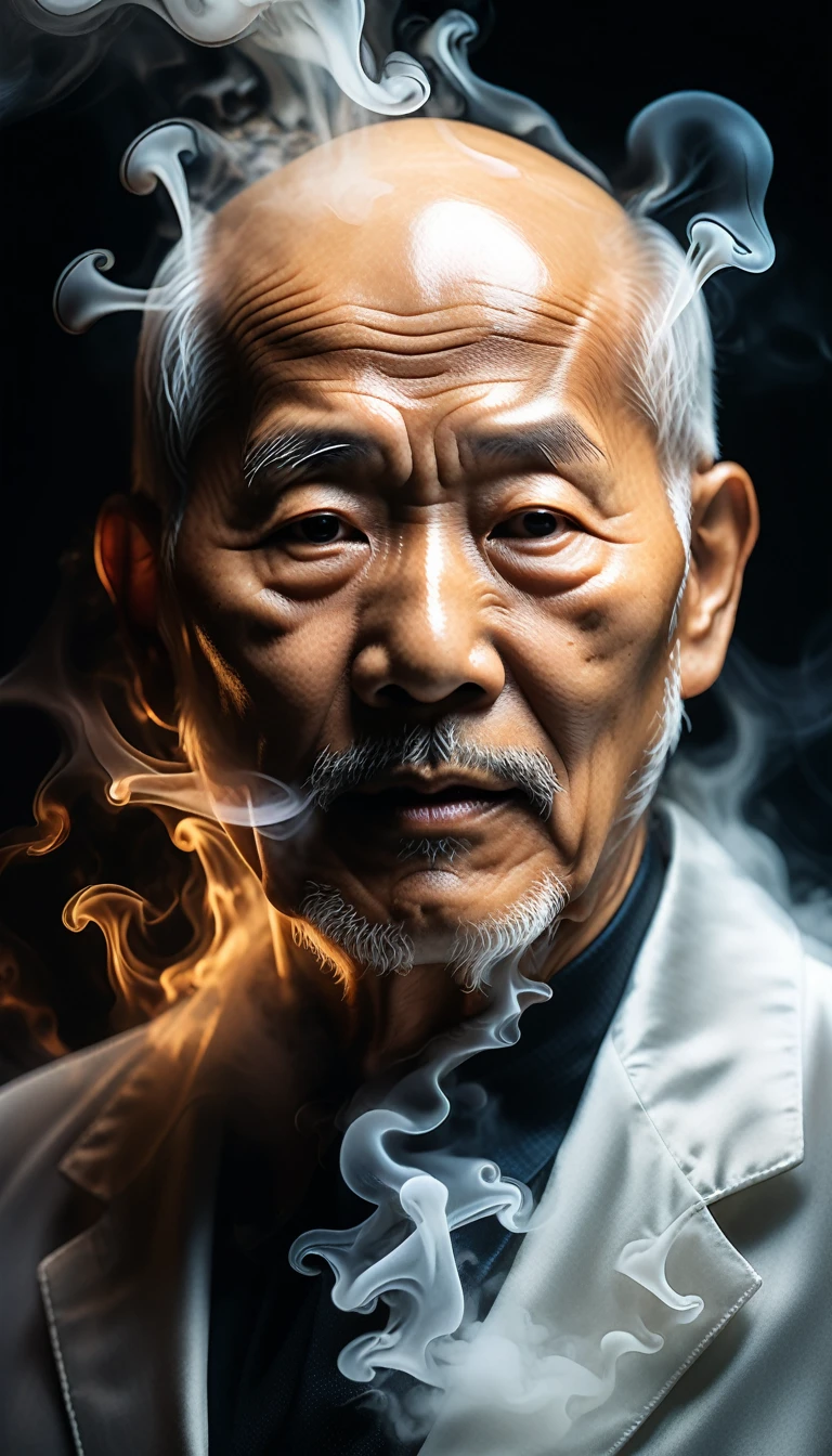 , Ultra detailed Ultra realistic portrait of a ghost-like form of an Asian old man without bruise or mark and slightly bald surrounded by steam , backlit, smoky,  work of beauty and complexity, 8kUHD,  flowy 
translucent,  work of smart and awe, steamy, backlit, alberto seveso style, close-up , iridescent glow 