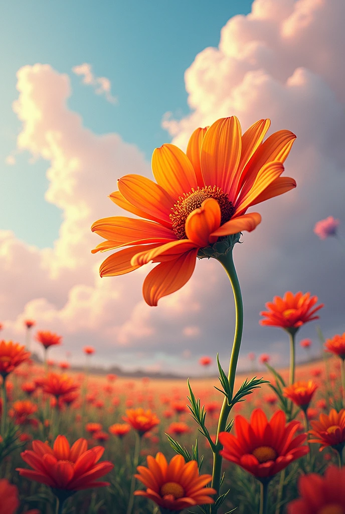 A orange and red flower in the field, the sky look light pink and blue and a neem tree look animated