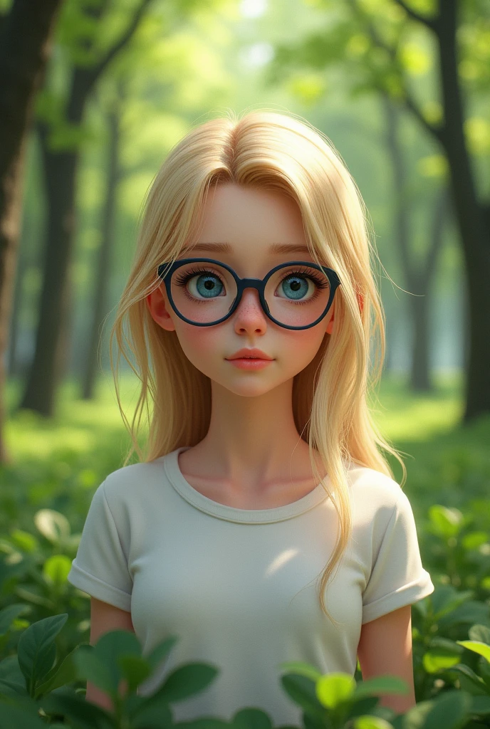 Real, norwegian girl with glasses, blue eyes, white shirt, in a green park