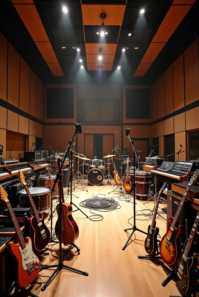 Room full of guitar amps, mic stands, drums, guitar and basses. Random inatrument placement. Landscape picture. In the large recording studio