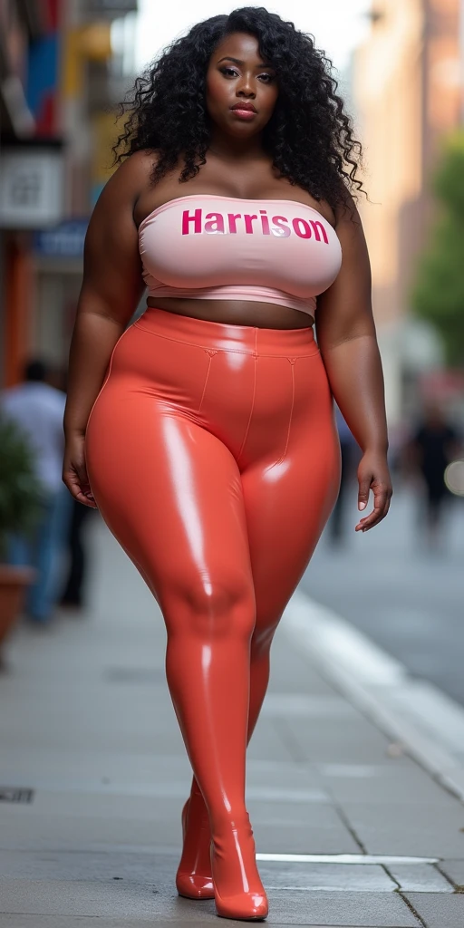 EXTREMELY MASSIVE BUTTOCKS, translucent coral 🪸 plastic leggings, UHD, city sidewalk, side body, pastel blouse says "Harrison", best quality, swanky hair, High resolution image, She's a dark skin melanin Queen with tiny paper-thin waist:2, no nudity  