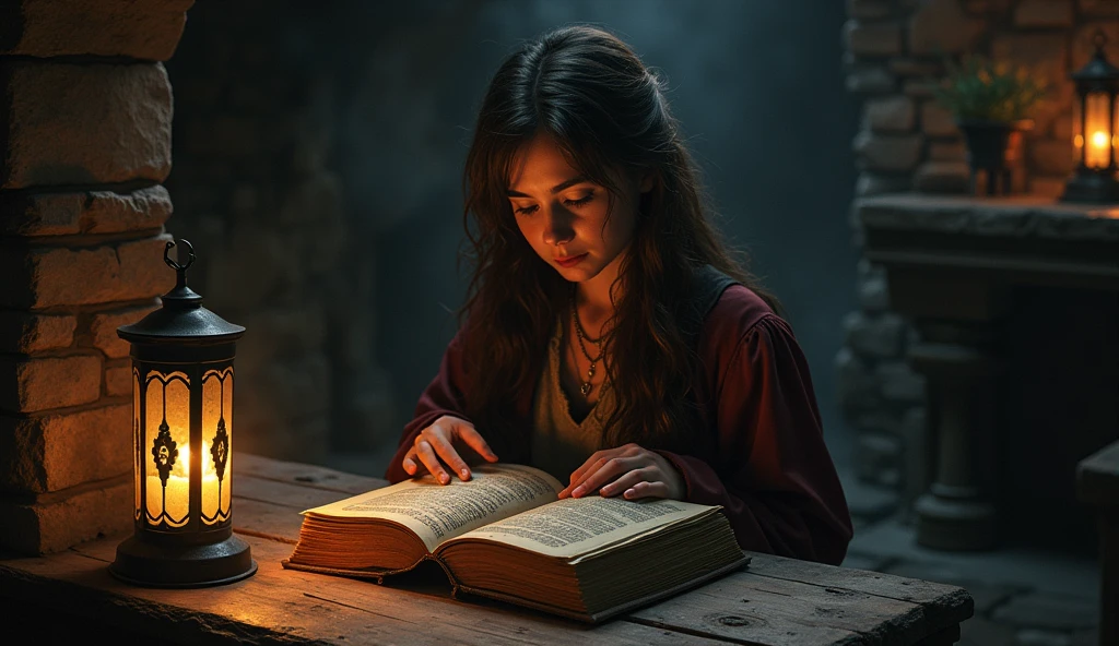 A small, dusty room in the castle with an old wooden table in the center. On the table lies an ancient, thick book with a cover adorned with mysterious symbols. Elara opens the book carefully, her face illuminated by the lantern's light, as she reads about the cursed family.