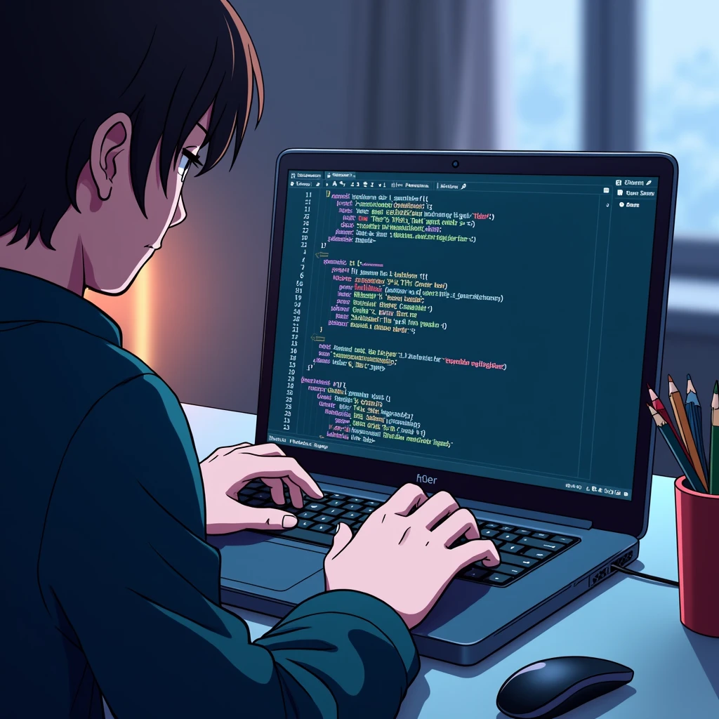 a laptop screen that runs Fedora Linux, and there is some code editor hacking on OPENSSL, anime style