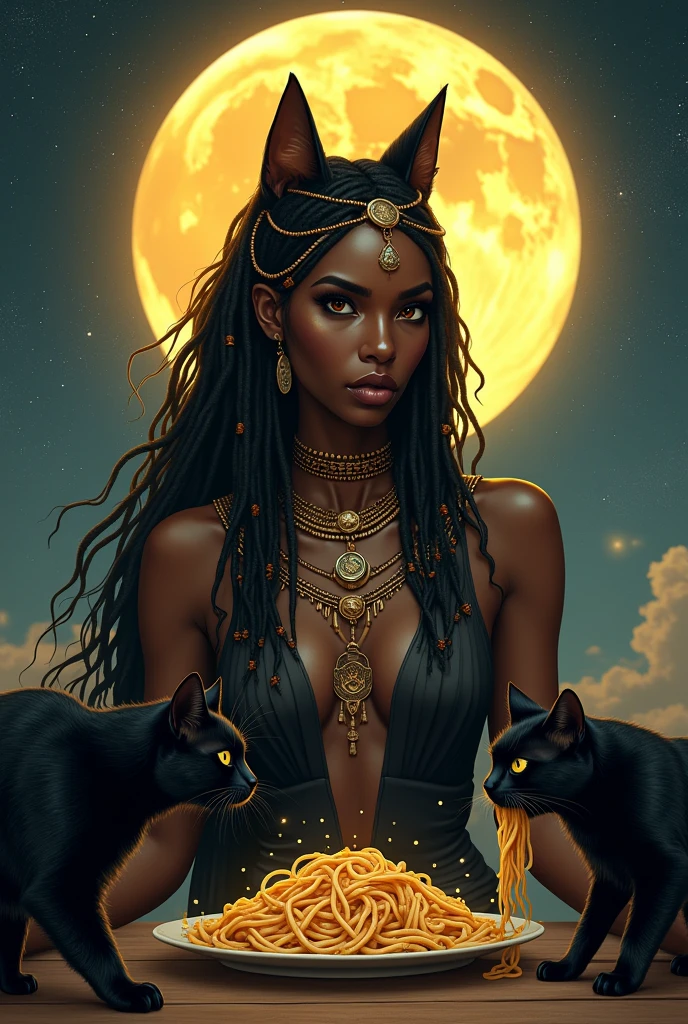 A full body black woman, egyptian, with dreadlocks in her hair, with cat ears, with two black cats beside, one of the cats eating pasta and in the background of the image a yellow full moon.