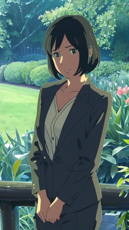 (1girl, solo, highly insanely detailed, masterpiece, top quality, best quality, highres, 4k, 8k, RAW photo),((innocent look)),((Childish)),From the front, symmetrical composition,smile,cute,Innocent,Kind eyes, kotonoha no niwa, park,flowers,lawn,trees, The Garden of Words, (YukGow, 1 girl, solo), upper body, expressionless, messy black hair, skinny, suit top, pants, 