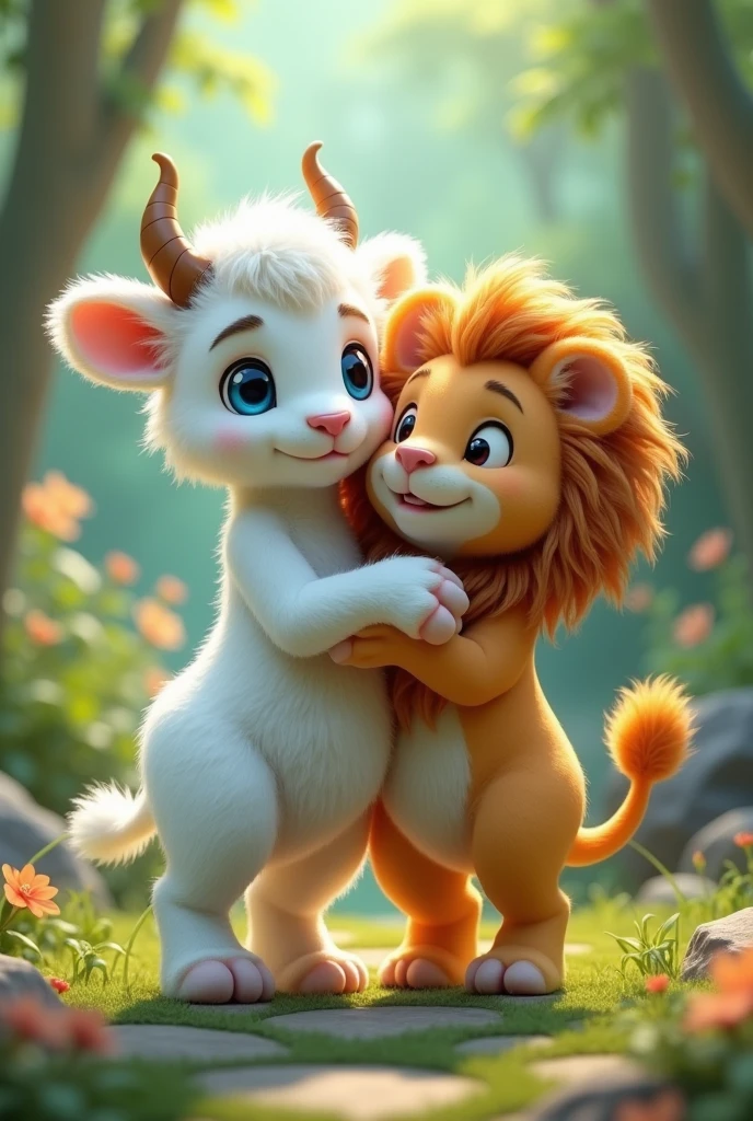 A white pet half cow has a blue eyes , white Hair plying with lion