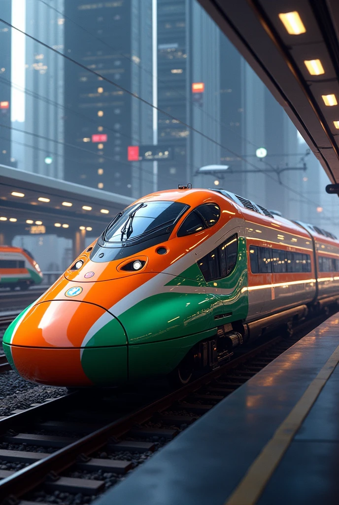 Imagine A Luxurious Bullet Train with side view with Indian Flag Colours more futuristic
And more lights in the Train