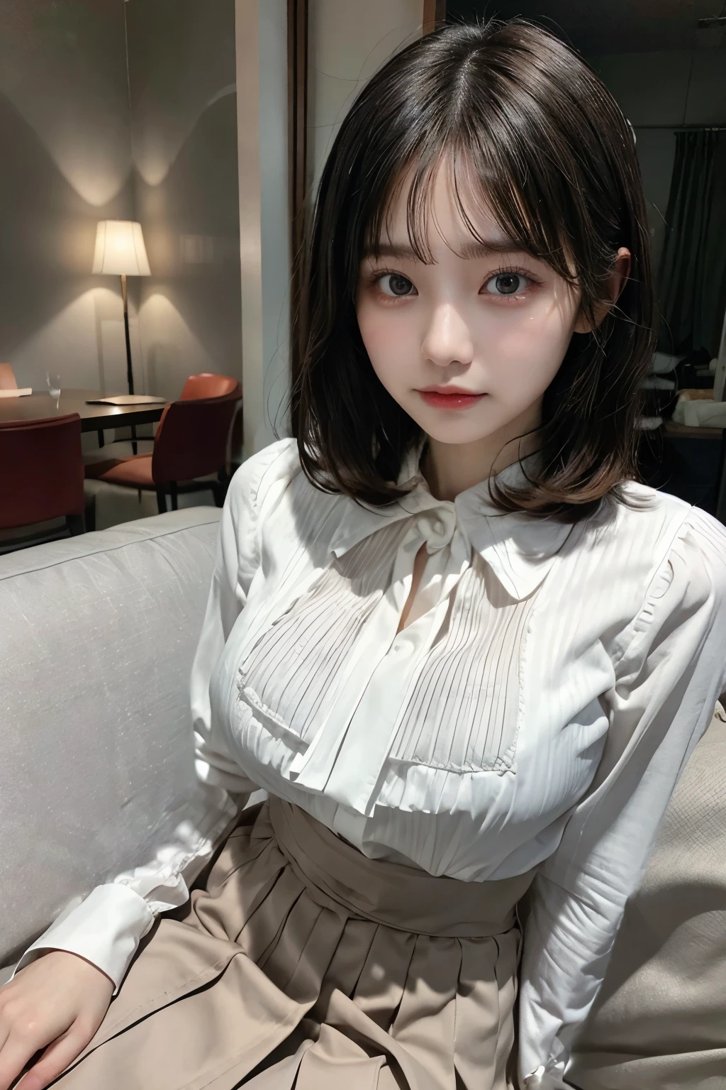 Wearing a blouse with a white collar with long sleeves、wearing a brown pleated skirt、Big Breasts、Sitting、Short Hair