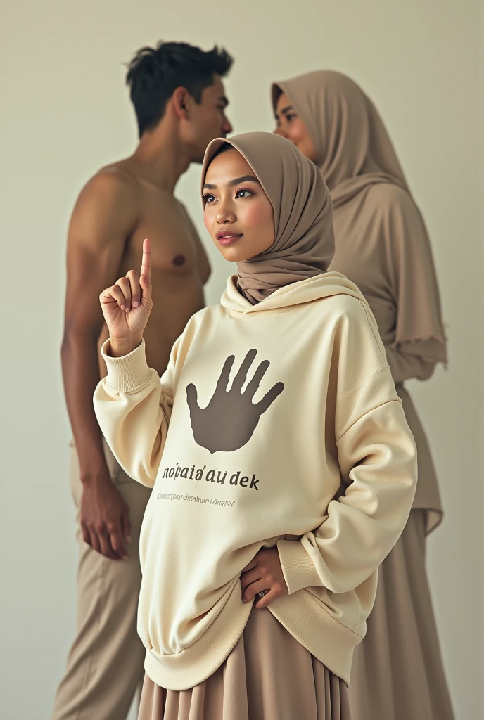 A pregnant hijaber indonesian pretty girl, wearing a cream hoodie with a strong vector design featuring a silhouetted image of a five-fingered palm in pastel colour with phra "SEBELUM HALAL". on top with phrase "JANGAN YA DEK" is displayed in bold simple elegand, distressed typography with pastel colours, while holding her long skirt, wearing hijab, one-handed pose pointing upwards, background naked couples man and women kissing, making love, jav idol, with front shooting angle, very realistic, (complex detail: 0.9), (hdr, hyperdetail: 1.2), RAW, Sony Alpha a9 II, 24-105mm f/4, HDR,