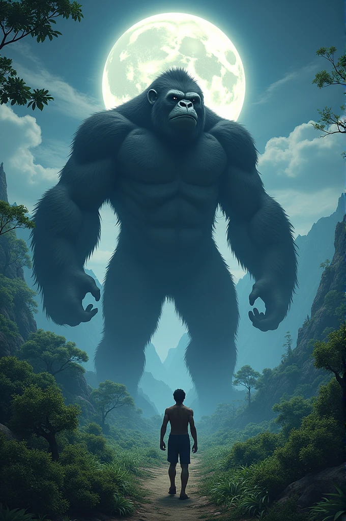 Create a landscape where the Ozaru of Dragon Ball can exist. Taking into account that they are colossal-sized apes, the moon must be full and there must be tiny vegetation compared to their size.