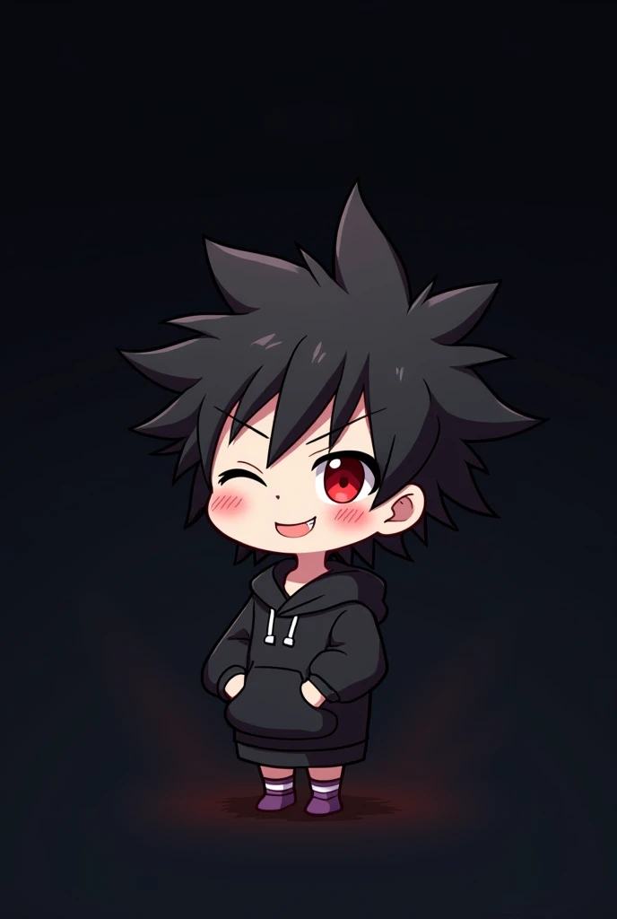 Black background , anime boy , black hair , spiky hair , red eye , narrowed eye , black hoodie , chibi , happy , blush