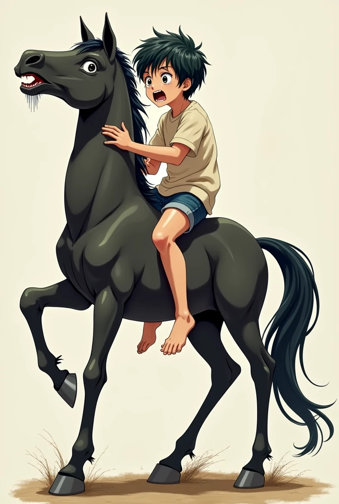 A boy's lower_body is becomed to a centaur(Japanese anime style)(four_legs)(shaking tail)(scared and crying)