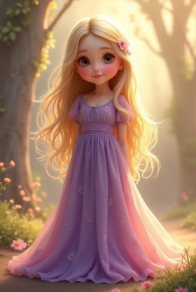 Blonde girl , wearing a long purple dress, cute