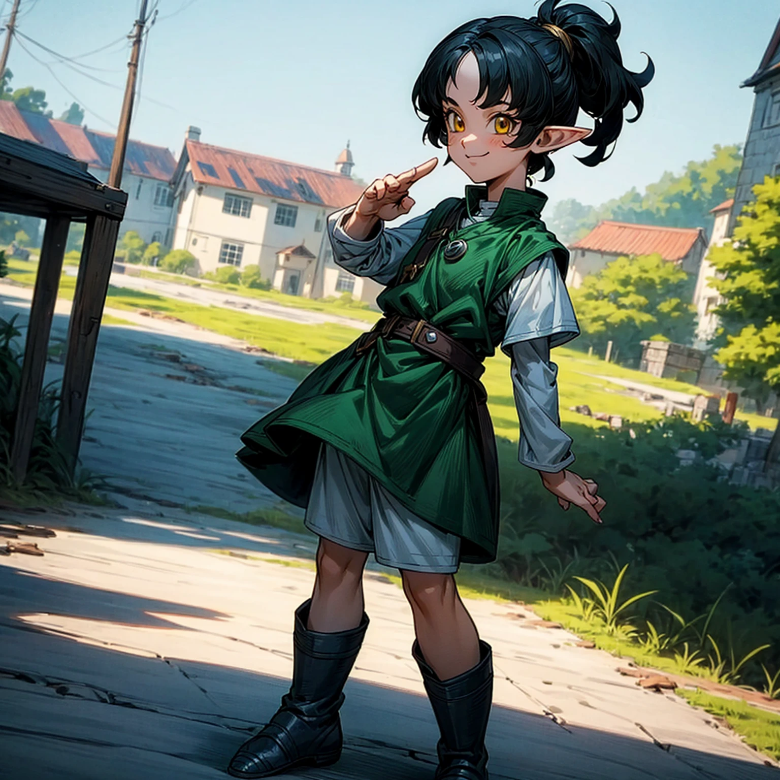 Solo character, full body version,  girl, (elf), yellow eyes, black color hair, short haircut, ponytail, white shirt, short jeans, shoes, outdoor, town, medieval, standing gesture, detailed background, detailed clothing, detailed hair, (Hunter x Hunter style art), happy eyes, smile mouth 