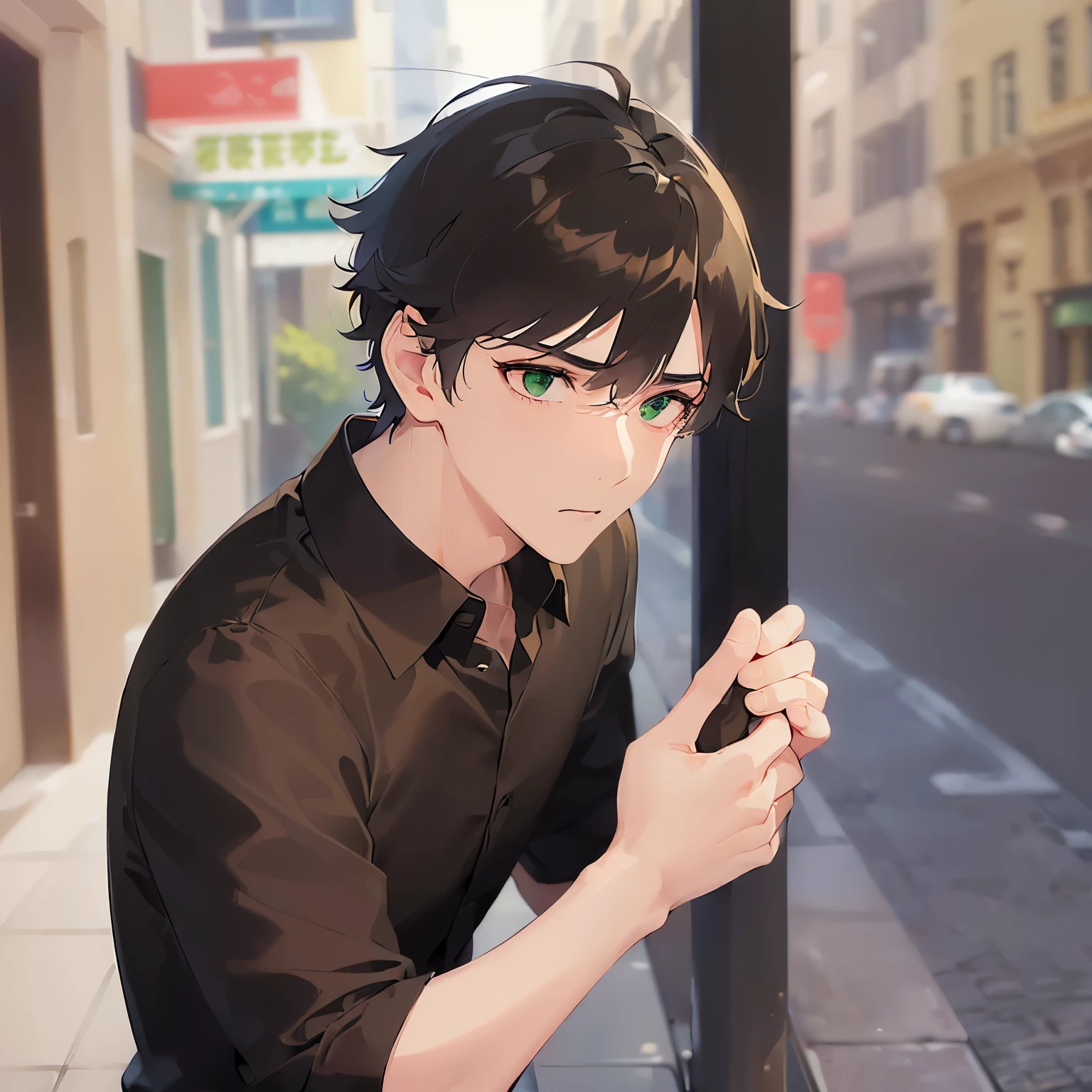 (looking away:1.5),upper body、 Side shot、
shiny skin, masterpiece、Highest quality、
(25-year-old male:1.5) and (Brown short hair) and (Green Eyes), 
(black collared shirt:1.5) ,
(disgust:1.3),In town、(alone:1.5)