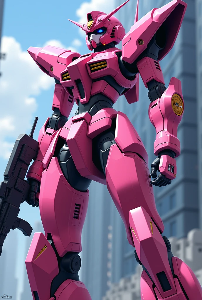 Drawing of a robot with a gun and a gun, Streamlined pink armor, modern Mecha anime, cool Mecha style, female Mecha, Gundam Armor, Gundam, 动漫Mecha装甲, # Mecha, 干扰Mecha, eva unit-00 in the back, Anime comics!! Anime Girl, an anime large Mecha robot, Gundam style，No underwear