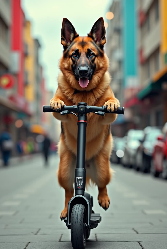 German shepherd dog riding a scooter