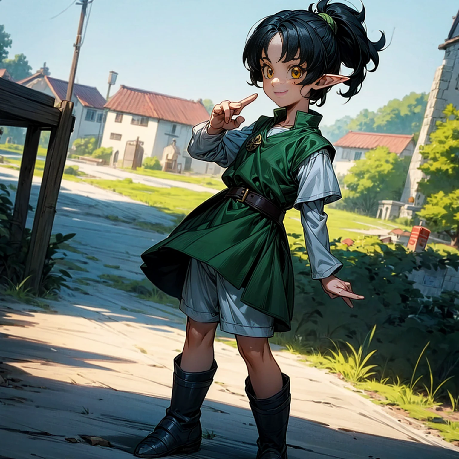 Solo character, full body version, kid girl, (elf), yellow eyes, black color hair, short haircut, ponytail, white shirt, short jeans, shoes, outdoor, town, medieval, standing gesture, detailed background, detailed clothing, detailed hair, (Hunter x Hunter style art), happy eyes, smile mouth 