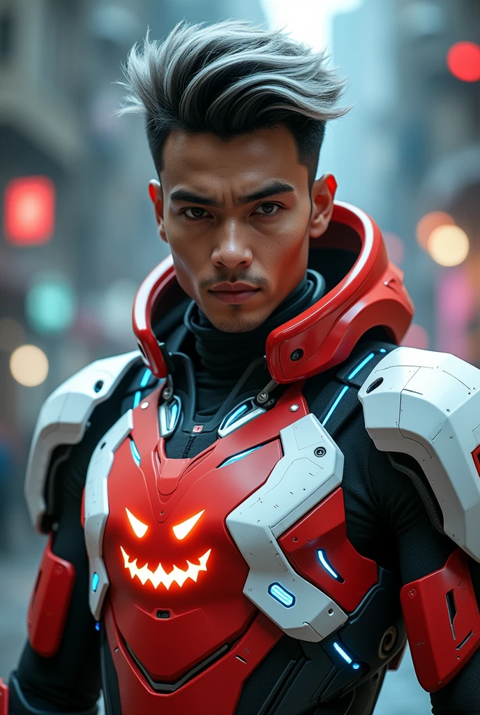 a young Malaysia man, tan skin .19 year old boy wearing a red and white exoskeleton armor, a robot face on his chest , malaysian mullet wolfcut hairstyle. Red ear mount . black hair mix little white hair. , detailed face and eyes, highly detailed, 8k, photorealistic, cinematic lighting, concept art, sci-fi. Led light blue.led light anger robot face on body Punisher. Marvel. Alien robot face on body. Mechamato. Robot face on chest. Talking anger robot on chest. Angry red Robot emoji on body.