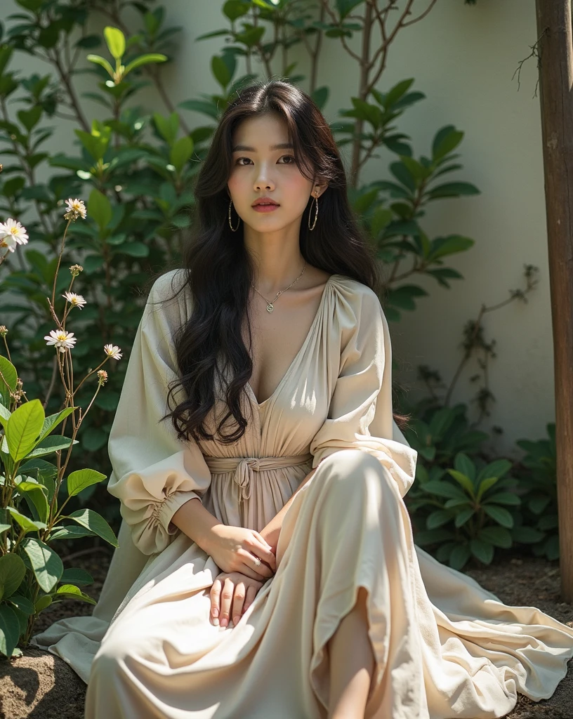 The beautiful woman , korean idol , wearing a loose, light-colored dress