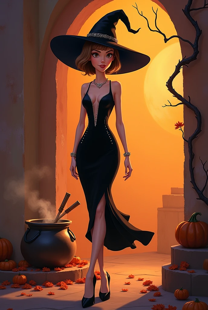 Disney Pixar style cover of a tall woman, slim, white tea, short, very short light brown hair, big brown eyes, with beautiful black dress and high heels, with a witch's hat and her cauldron on Halloween